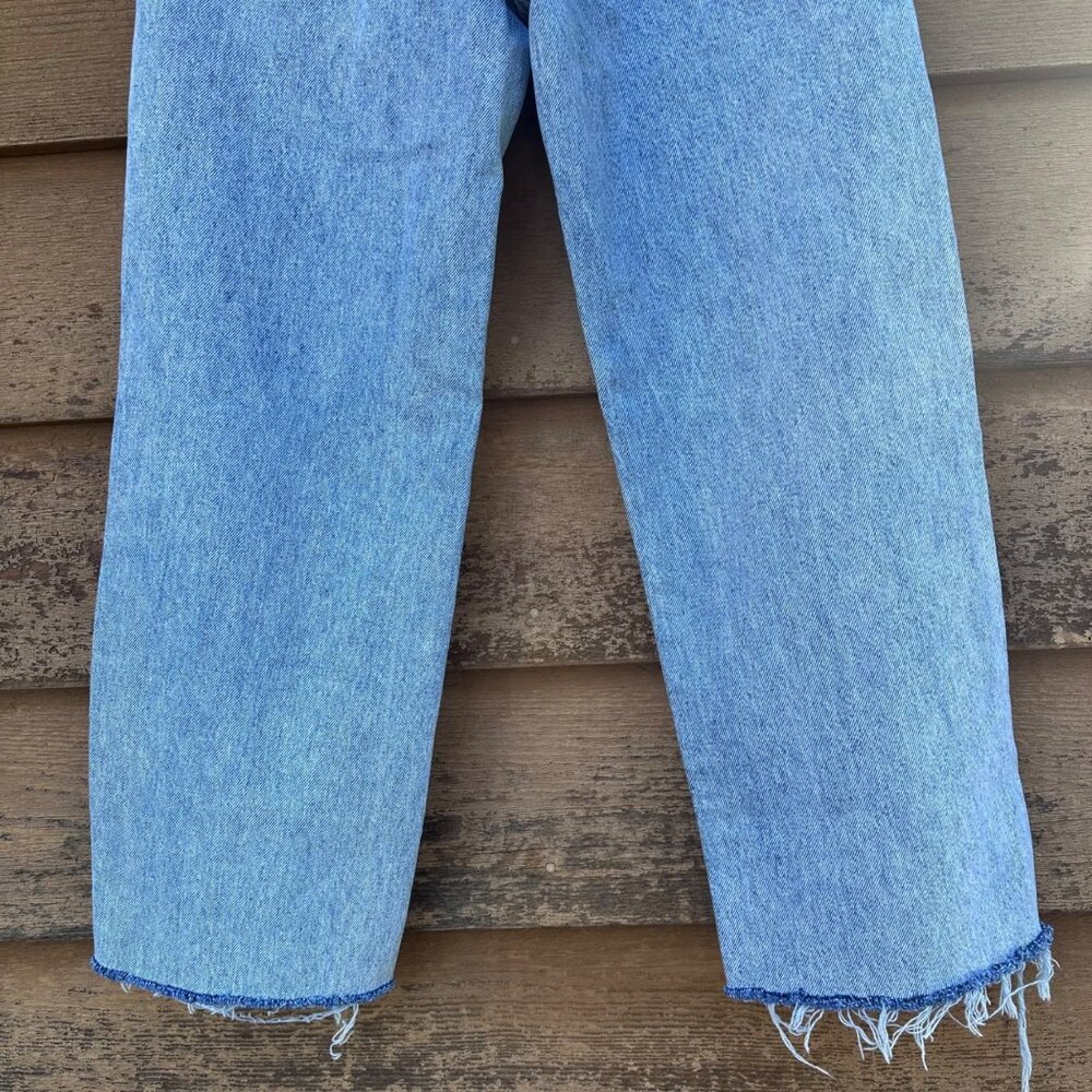 Distressed Blue Denim Jeans W/ Rhinestone Trim & Raw Hem For Women - Picture 11 of 14